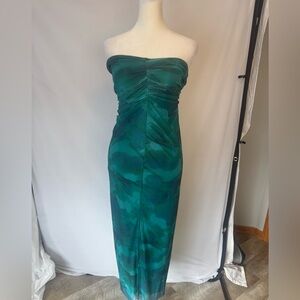 SHEIN green and blue pattern dress, size small long with slit, new in bag